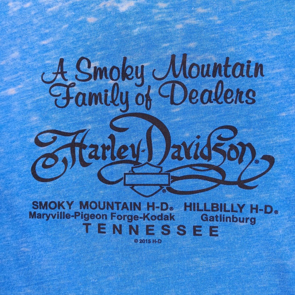 Harley-Davidson Shirt Women L Blue Rhinestone Smoky Mountain Tennessee Burnout - Picture 6 of 9
